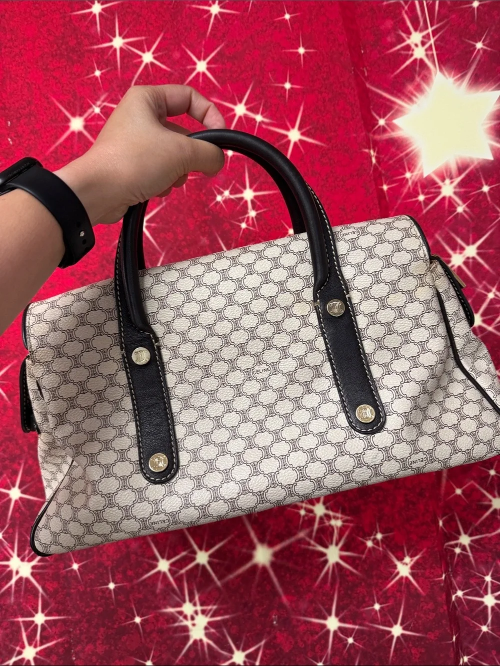 Celine Cream Patterned Satchel with Black Trim